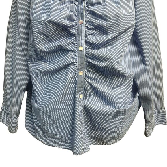 Lafayette 148 Top Plus Size 22 Blue White Stripe Ruched Button Up Long Sleeve - Picture 3 of 9